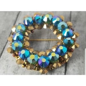 Signed HOBE Aurora Borealis Sequin-Style Brooch– Vintage 60s Designer Jewelry